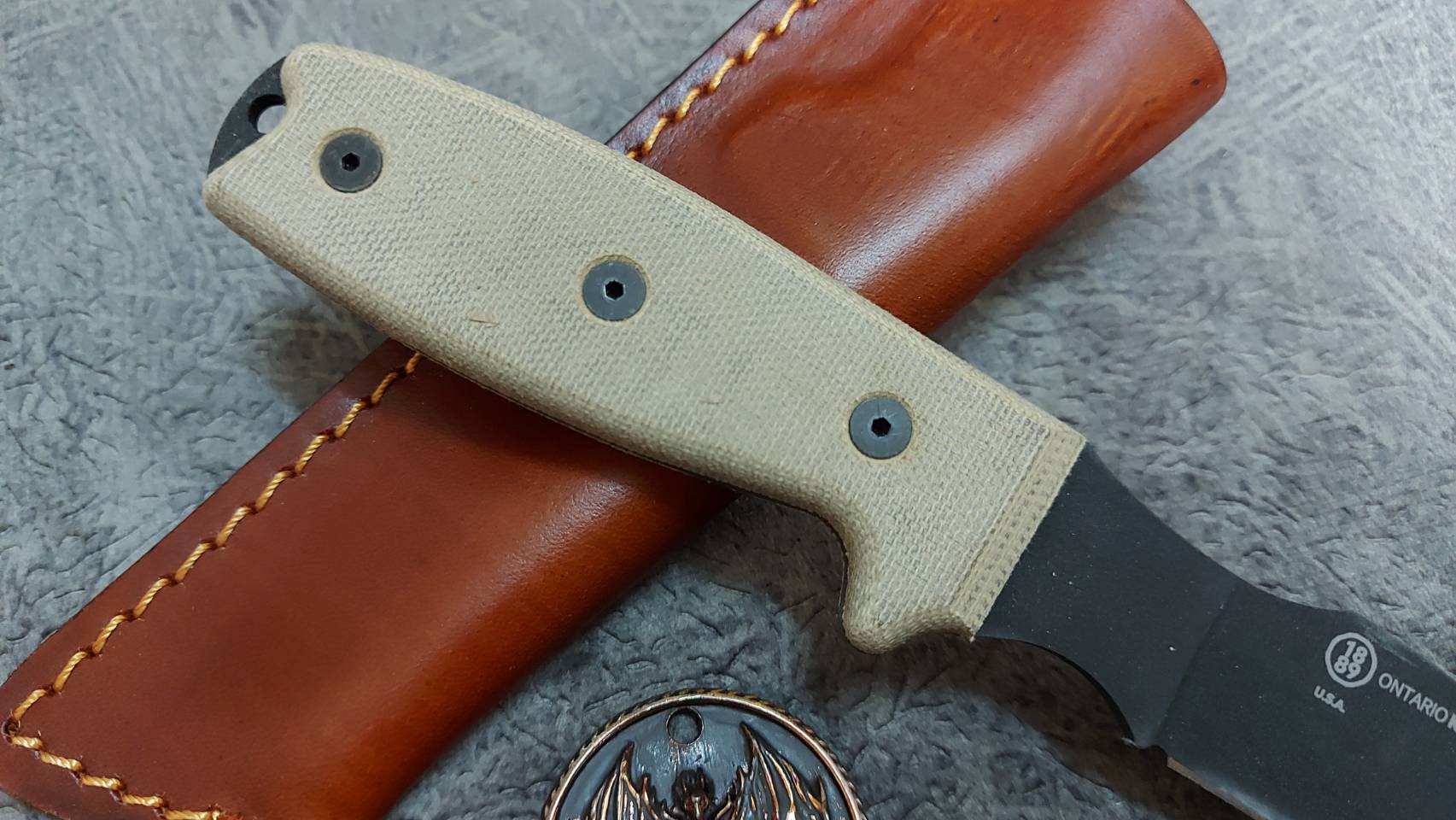 Ontario OKC RAT-3 Caper Fixed Blade Knife Tan Micarta (3" Black)