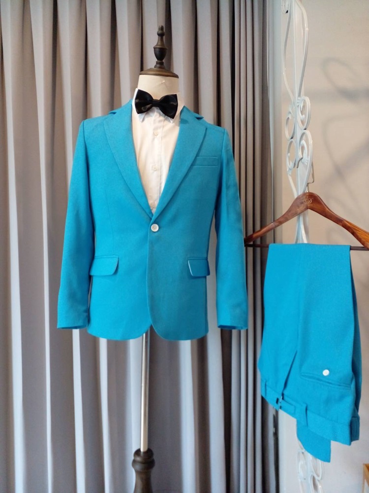 พร้อมเช่า ชุดสูทชาย สีฟ้าสด สไตล์เกาหลี กระดุมเดียว ไม่มีเสื้อกั๊ก
