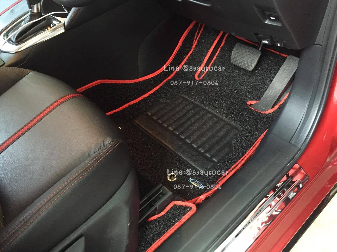 พรมดักฝุ่นปูพื้นรถยนต์ Mazda 2 2015 ไวนิลสีดำขอบแดง