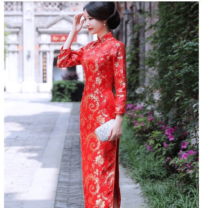 Pre-order กี่เพ้า ผ้าไหมจีน สีแดง แขนยาว ลายนกฟินิกซ์ ตัดเย็บอย่างดี