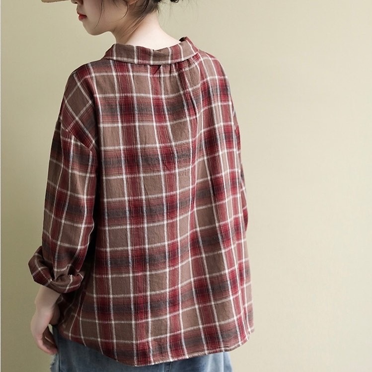 เสื้อคอบัวผ้าฝ้ายลายสก็อต