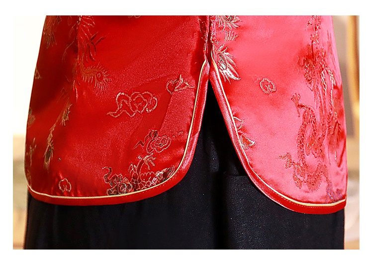 Pre-order เสื้อกี่เพ้า สีแดง ลายมังกรนกฟินิกซ์ ผ้าไหมจีน กุ๊นขอบ ตัดเย็บอย่างดี