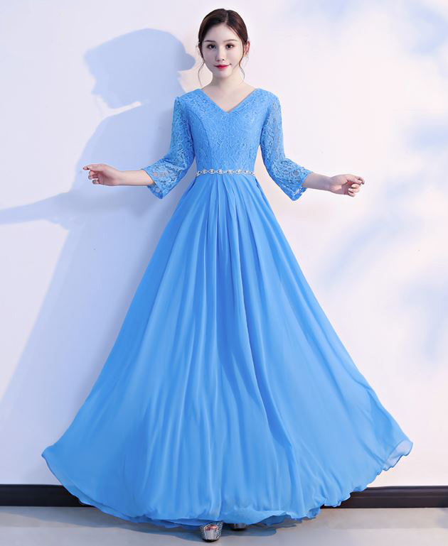 พร้อมเช่า ชุดราตรียาว สีฟ้า ไซส์ใหญ่ แขนสามส่วน แต่งลูกไม้ กระโปรงผ้าชีฟอง เอวแต่งเพชร ** มีไซส์ 2XL- 9XL (อก48 เอว42) **