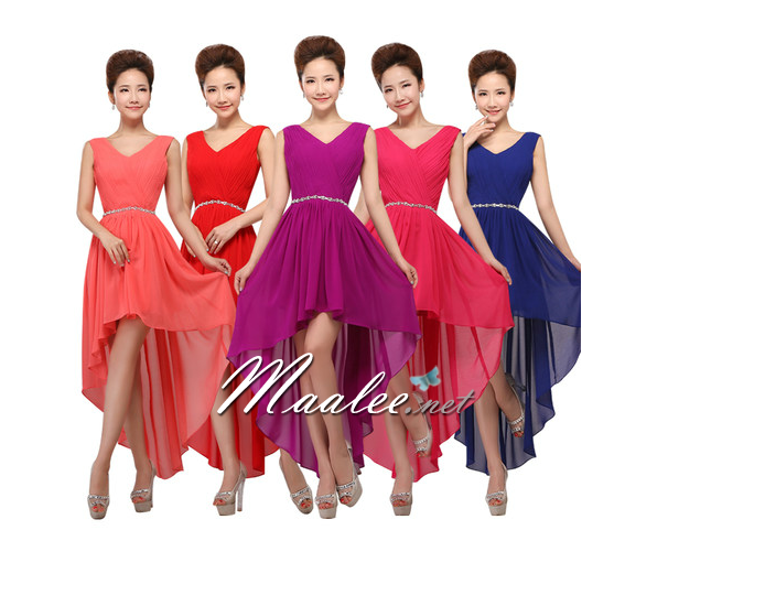 พร้อมส่ง ชุดราตรีสั้น แขนกุด หน้าสั้นหลังยาว สีน้ำเงิน คาดเอวคริสตัล