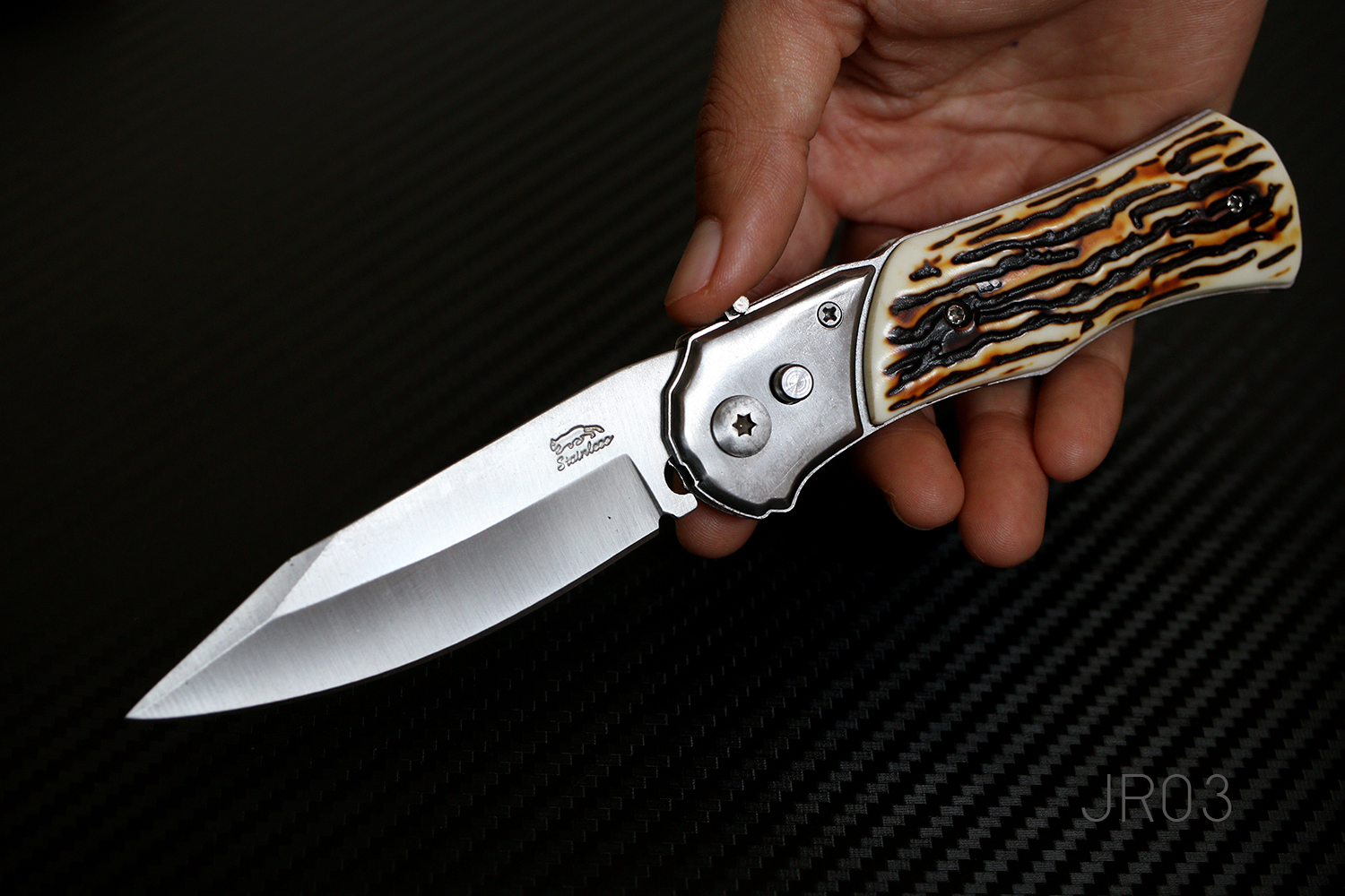มีดพับสปริง #JR03 STAINLESS ขนาดกลาง พกพา ด้ามลายเขาสัตว์เทียม ราคาประหยัด