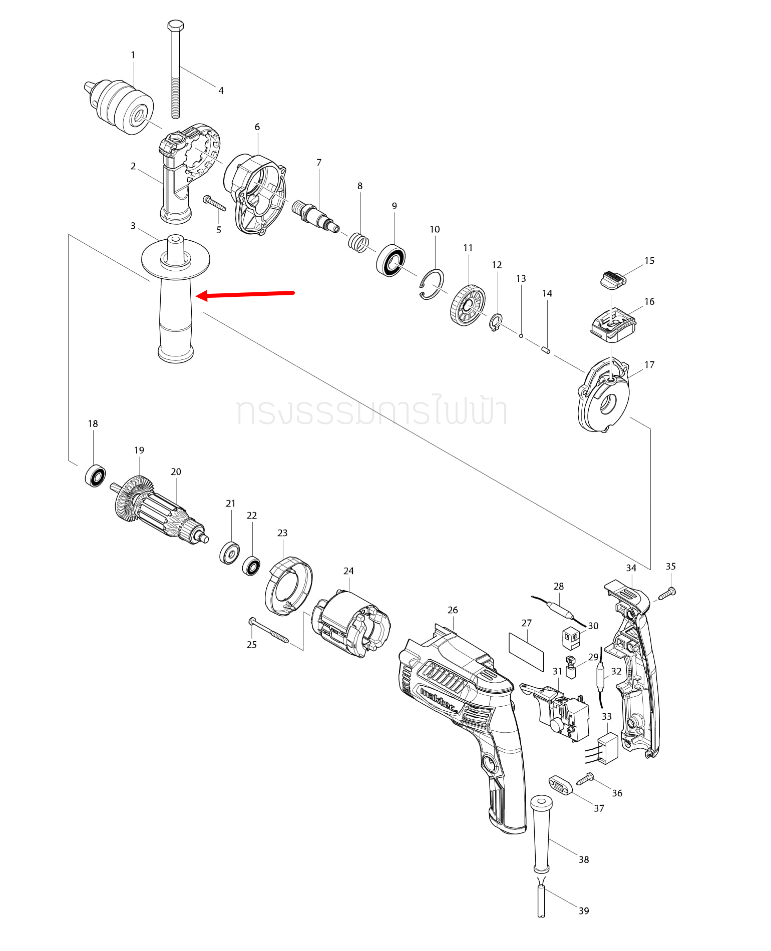 ด้ามจับ สว่านกระแทก Maktec-มาคเทค, Makita-มากีต้า MT814, MT817, MT813, HP1630, M8100, M8100B [#3] Pn.153503-4 (แท้) ##
