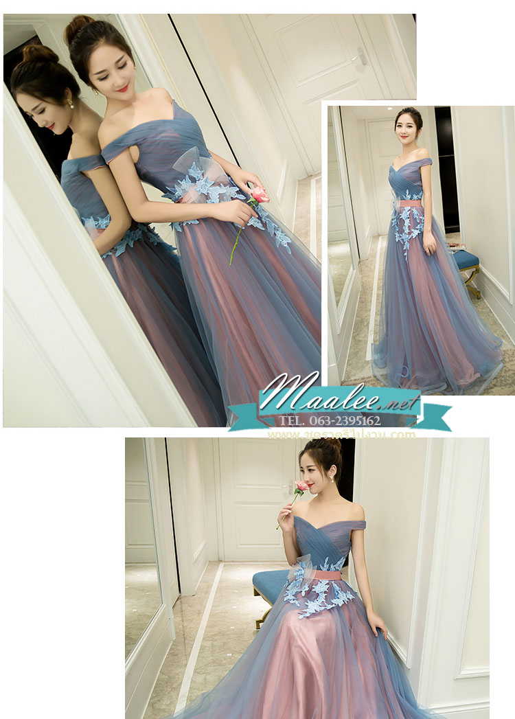 พร้อมเช่า ชุดราตรียาว แบบไหล่ปาด สีเทา-ชมพู Two Tone สไตล์เจ้าหญิง สวยหวานน่ารักมาก เนื้อผ้าตาข่าย แต่งโบว์และลูกไม้ช่วงเอว (เชือกผูกหลัง)