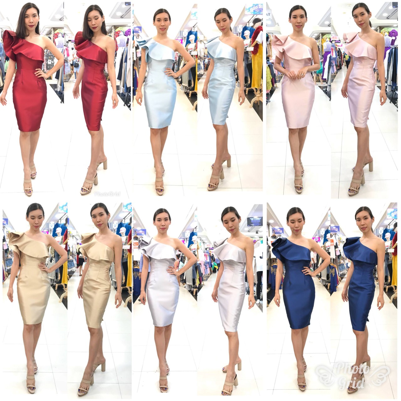 พร้อมเช่า ราตรีสั้น ไหล่เดียว ชุดเดรสเดรสเนื้อไหม ทรงเข้ารูป แต่งระบาย สีเทา