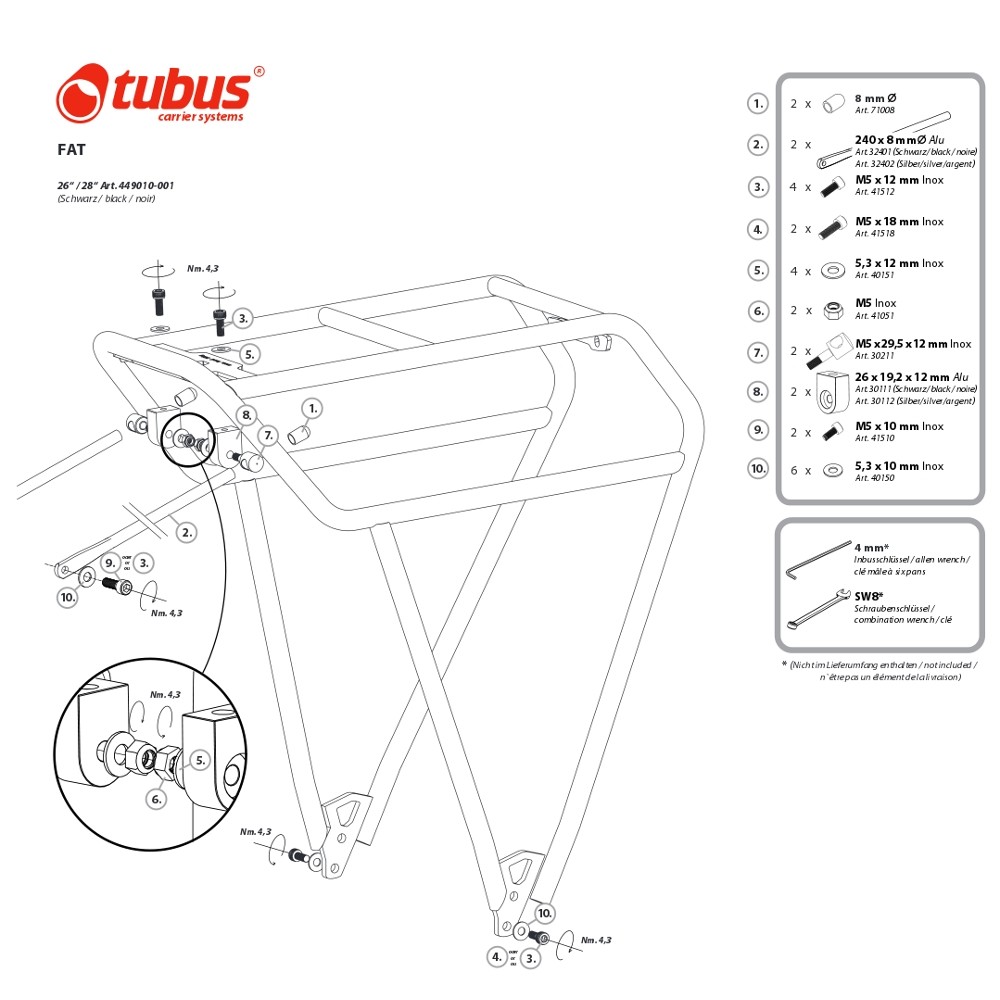 ตะแกรงท้าย ตะแกรงล้อโต Tubus FAT 26"/28" Carrier - black [449010-001] วัสดุ 25CrMo4