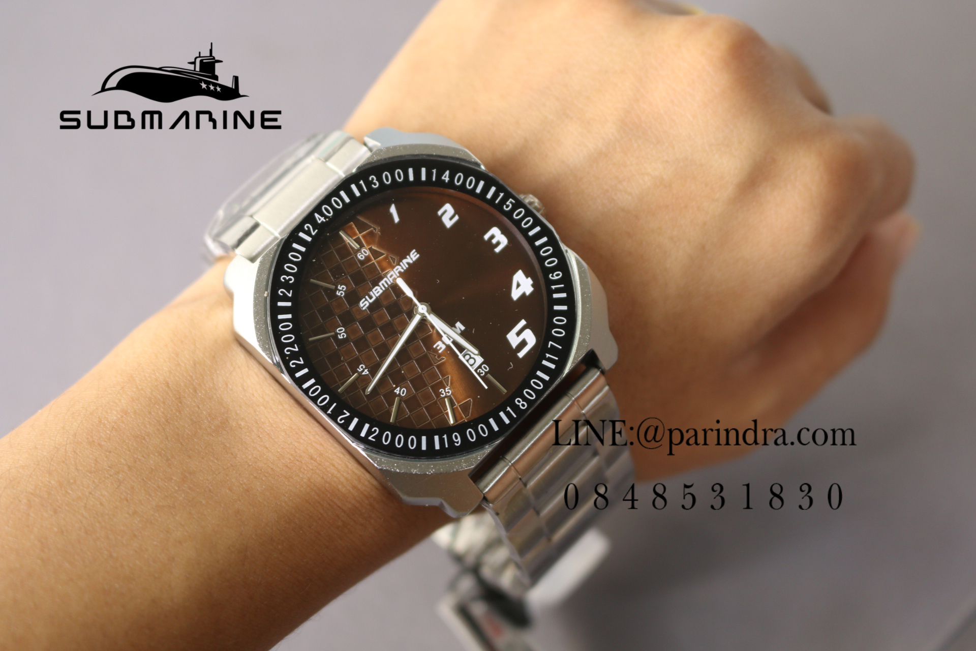 นาฬิกา US Submarine J135 M D หน้าปัดน้ำตาล ตัวเรือนสีเงิน