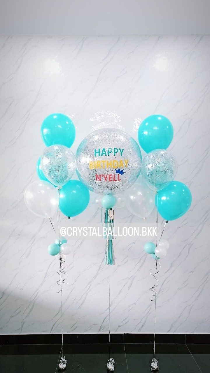 ลูกโป่ง วันเกิด Bubble สีเงิน พร้อมตกแต่ง ช่อลูกโป่ง 5 ลูก 2 ช่อ,ลูกโป่งใส ใส่กลิตเตอร์ สามารถเปลี่ยนสีลูกโป่ง/เปลี่ยนข้อความ/เปลี่ยนขนาดได้