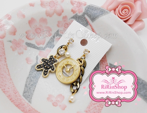 ต่างหูเกาหลีแท้ หมี + นาฬิกา แต่งมุกและโซ่ ( Gold ) ลด 30%