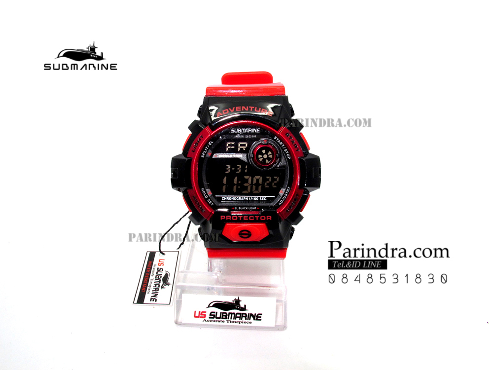 นาฬิกา US submarine TP1329M สีแดง-ดำ พื้นหลังดำ ระบบดิจิตอล สายซิลิโคนผิวมัน