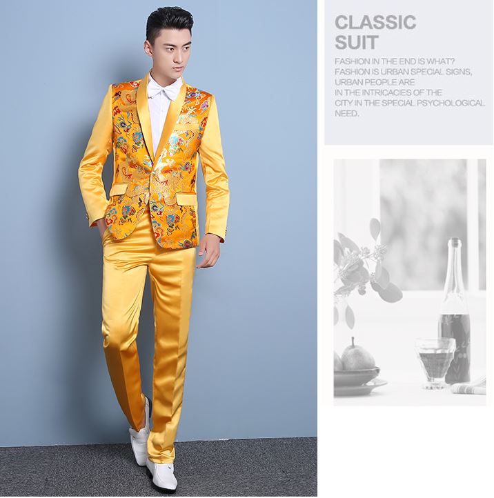 Pre-order ชุดสูทจีนชาย สีน้ำเงินปกคอน้ำเงิน พิมพ์ลายกราฟฟิก