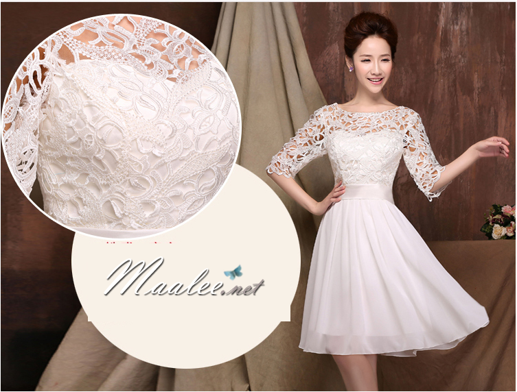 พร้อมเช่า ชุดราตรีสั้น สีครีม แขนสามส่วน ลูกไม้ฉลุ กระโปรงผ้าชีฟอง