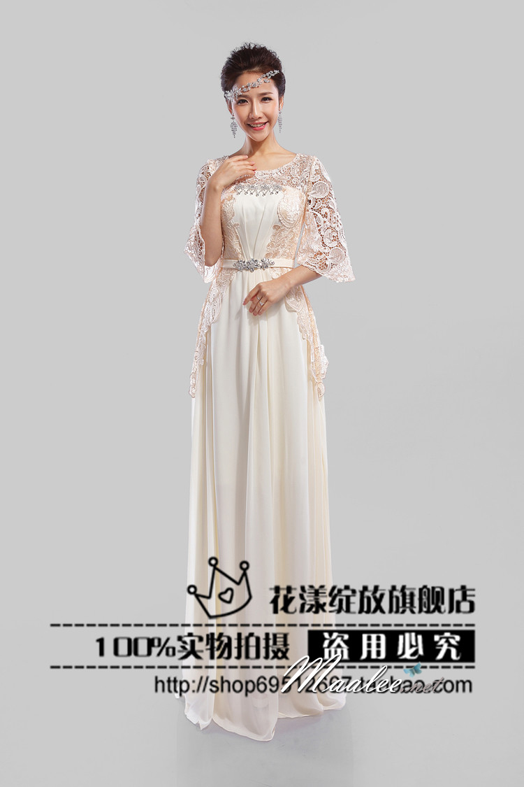 พร้อมเช่า ชุดราตรียาว สีครีม Champagne แขนสามส่วน แต่งลูกไม้ จับเดรปทรงนาฬิกาทราย (L - 3XL)