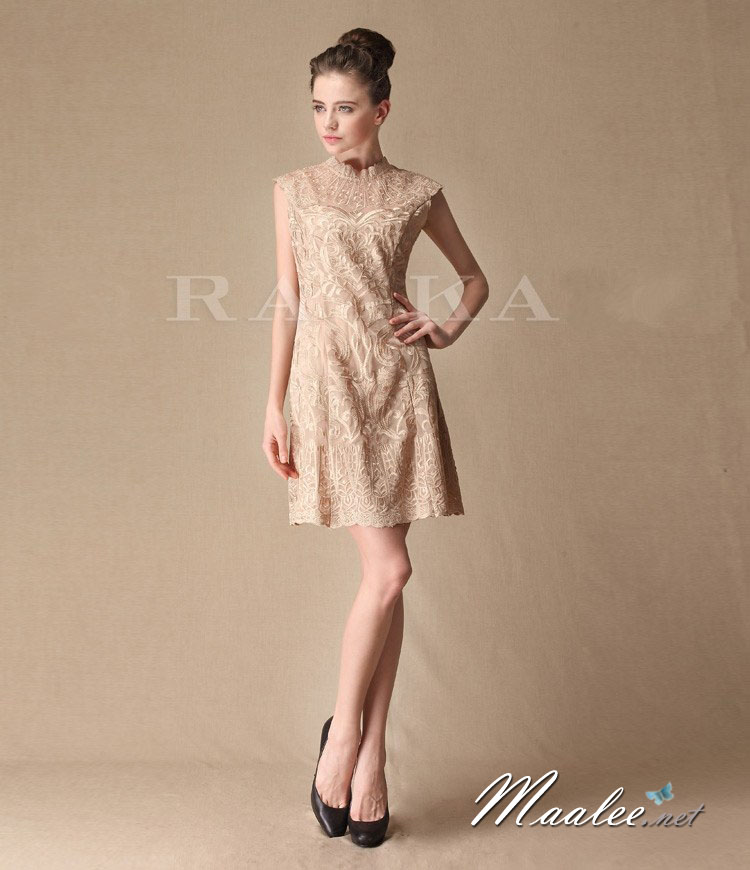 พร้อมเช่า ชุดราตรีสั้น ลูกไม้สี Apricot แขนกุด ดูชุดจริงภาพล่างสุด