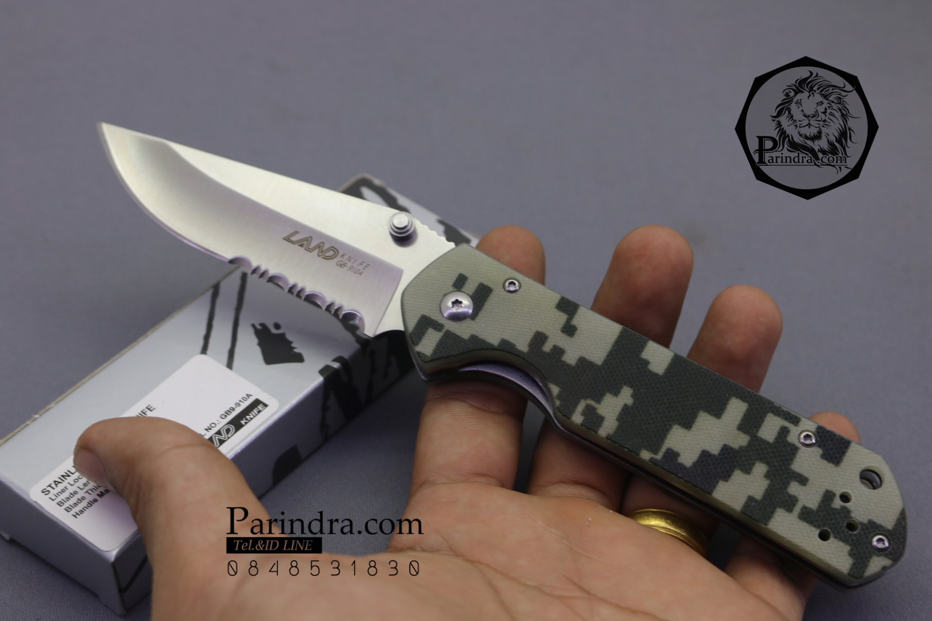 มีดพับ Land Knife GB9-910 ด้ามลายพรางทหาร (ของแท้) ใบมีดกึ่งหยักฟันปลา Serrated สวยงาม แกร่ง ทนทาน
