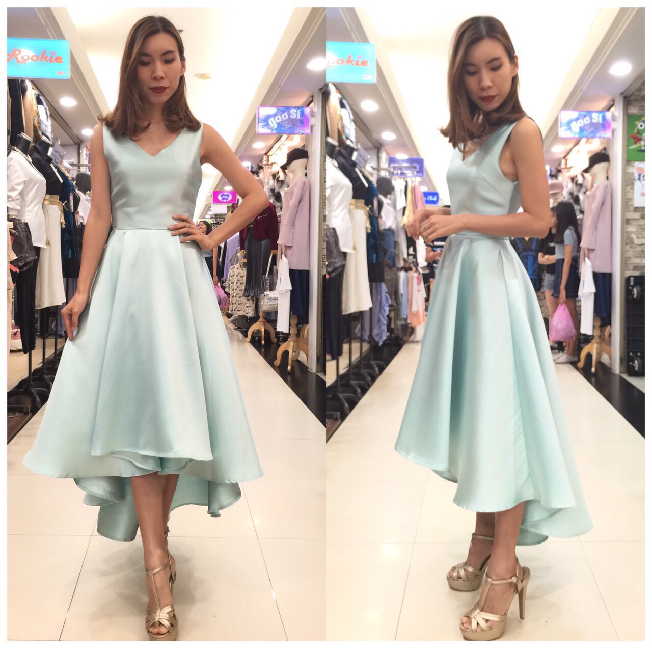 พร้อมเช่า ชุดเดรสเนื้อไหม คอวี แขนกุดจับเดรป ชายย้วย หน้าสั้นหลังยาว สีเขียวมิ้นต์