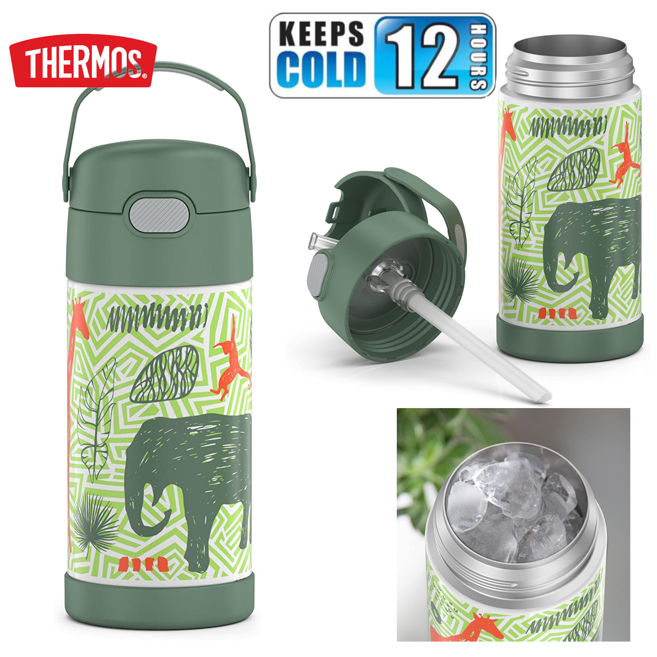 กระติกดูดน้ำแตนเลสหุ้มฉนวนสุญญากาศยี่ห้อ Thermos ของแท้ขนาด 12 ออนซ์ ลาย Jungle Kingdom