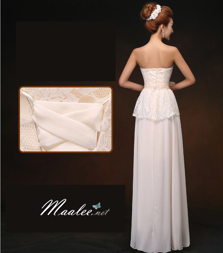 พร้อมส่ง ชุดราตรียาว ชุดเพื่อนเจ้าสาว สีครีม แบบ B เกาะอกลูกไม้ ช่วงเอวเพิ่มระบายสวย (เชือกผูกด้านหลัง)