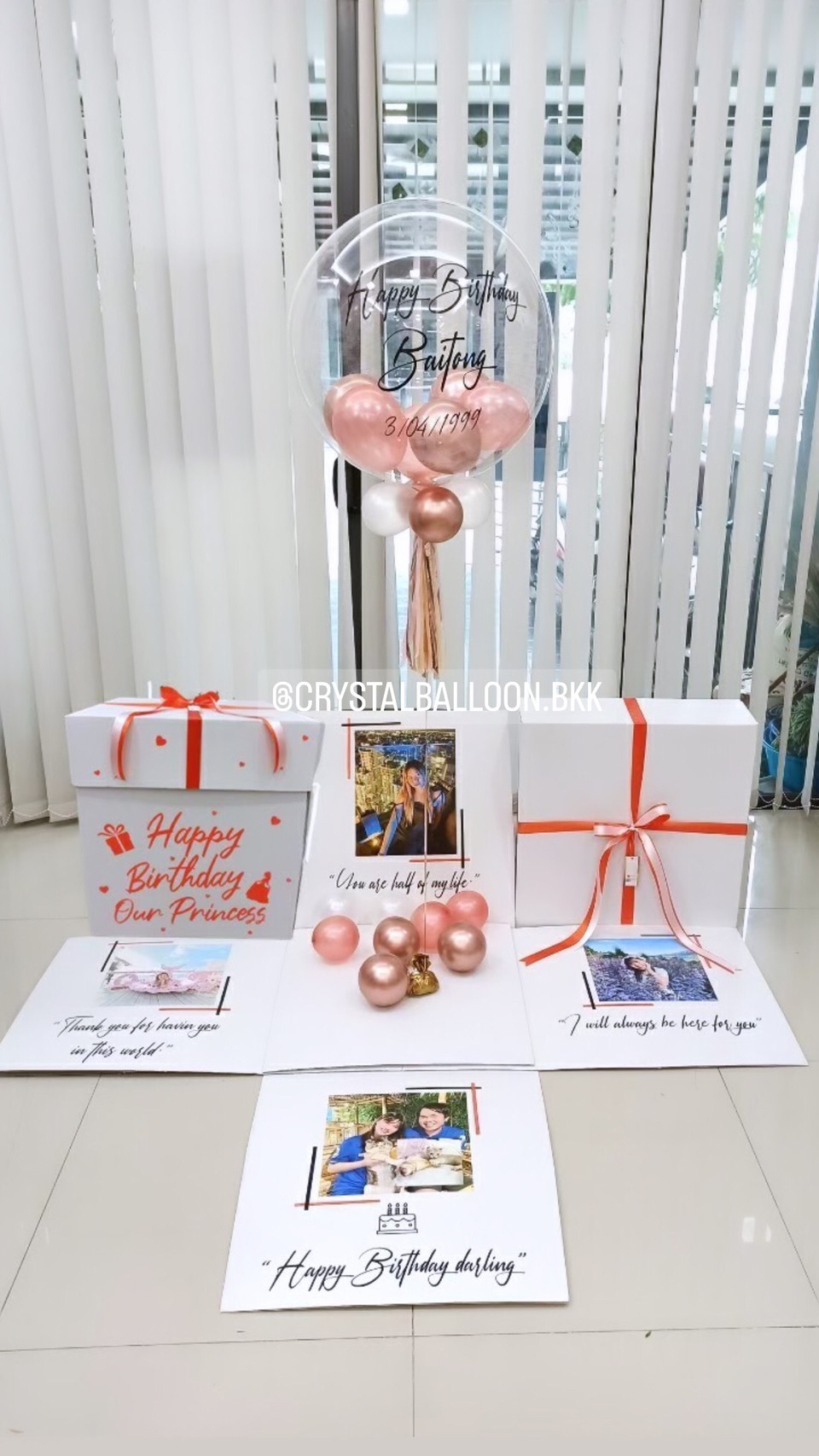 Happy Birthday Surprise Box Bubble USA ขนาด 24" Theme โรสโกล พร้อมตกแต่ง สามารถใส่รูปได้ 4 ใบ สามารถเปลี่ยนสีลูกโป่ง/เปลี่ยนข้อความได้