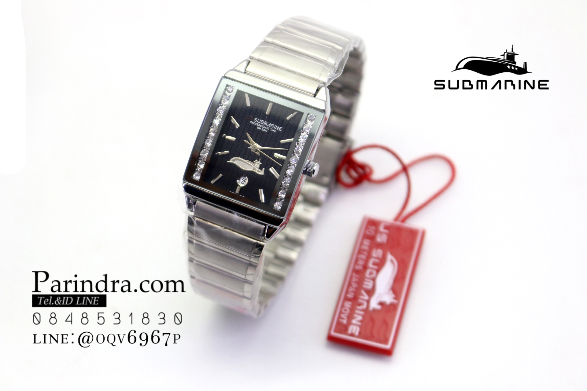นาฬิกา US submarine รุ่น SUB1012M สายสแตนเลสสีเงินหน้าดำขอบเพชร เรือนใหญ่