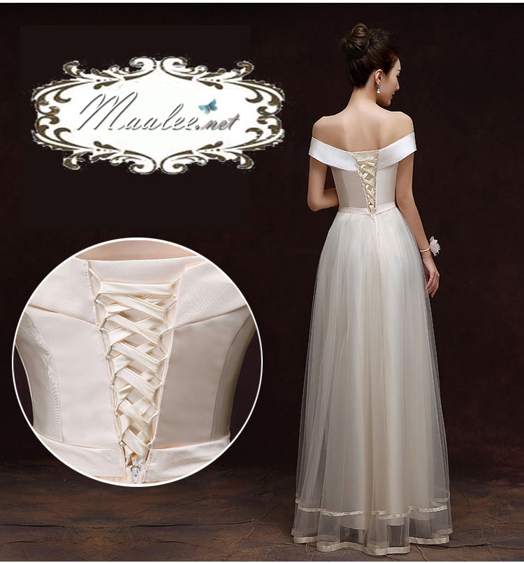 พร้อมเช่า ชุดราตรียาว ชุดเพื่อนเจ้าสาว แบบ B ปาดไหล่ แต่งโบว์ช่วงเอว (เชือกผูกหลัง)