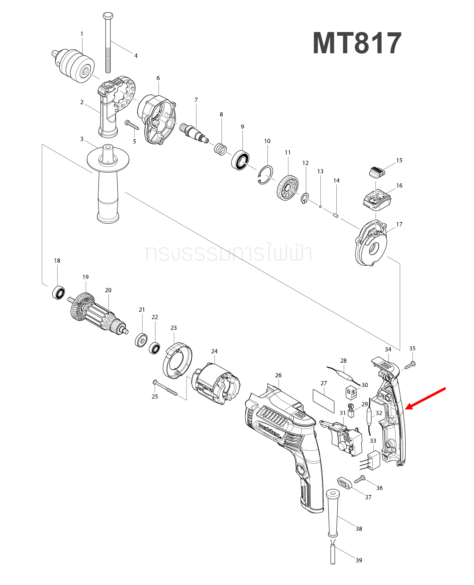 ด้ามสว่าน สว่านกระแทก มาคเทค Maktec MT817 [#34] Pn.454121-4 (แท้) ##