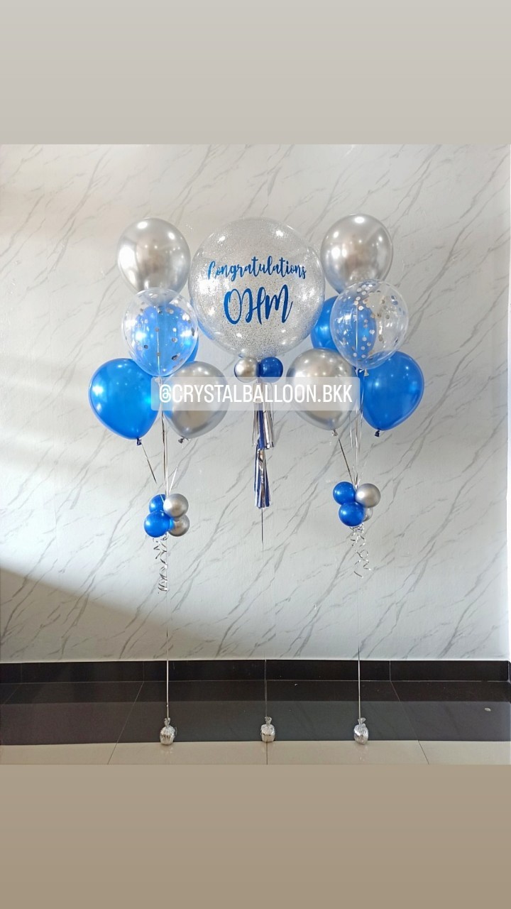 ลูกโป่ง รับปริญญา Bubble ขนาด 24" Theme ฟ้า-เงิน พร้อม ช่อลูกโป่ง ช่อ 5 ลูก 2 ช่อ,ลูกโป่งใส ใส่กลิตเตอร์ พร้อมตกเเต่ง สามารถเปลี่ยนสีลูกโป่ง/เปลี่ยนข้อความ/เปลี่ยนขนาดได้