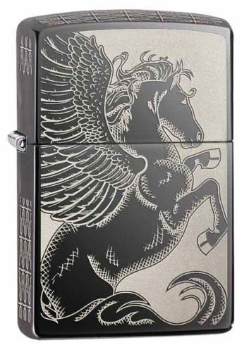 ไฟแช็ค Zippo แท้ ลายม้าเพกาซัส "Winged Pegasus Black Ice Chrome" #28802 แท้นำเข้า 100%