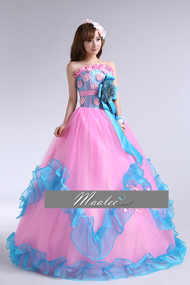 พร้อมเช่า ชุดแฟนซี ชุดราตรี เกาะอก สีชมพู ฟ้า Pastel สุดหวาน แต่งระบายกระโปรง