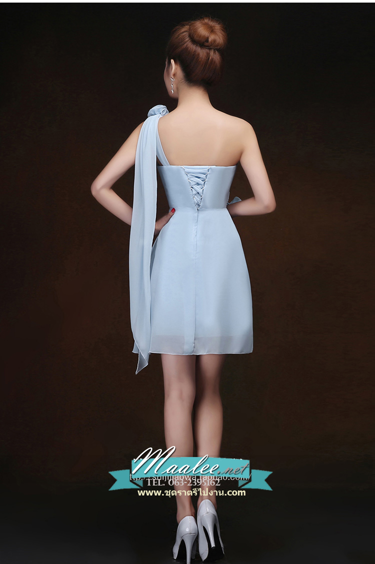 พร้อมเช่า ชุดราตรีสั้น สีฟ้าอ่อน ชุดเพื่อนเจ้าสาว Blue-001D