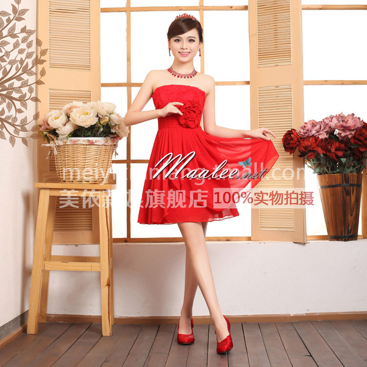 พร้อมส่ง ชุดราตรีสั้น เกาะอก สีครีม Champagne กระโปรงสองชั้น แต่งลูกไม้