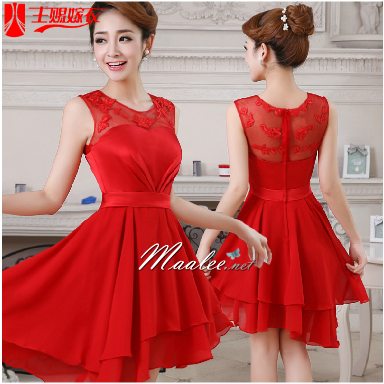 พร้อมส่ง ชุดราตรีสั้น ลูกไม้ สีแดง กระโปรงระบาย