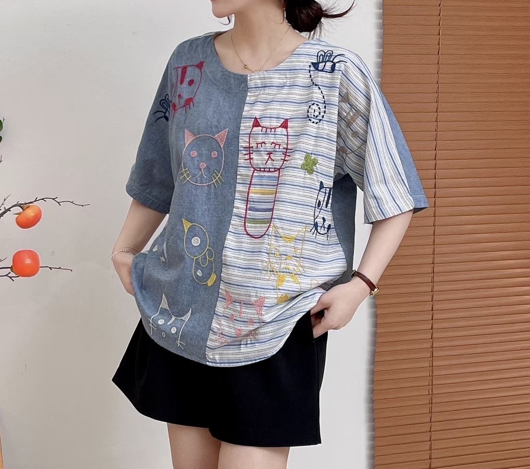 เสื้อผ้าฝ้ายต่อลายปักลายแมว