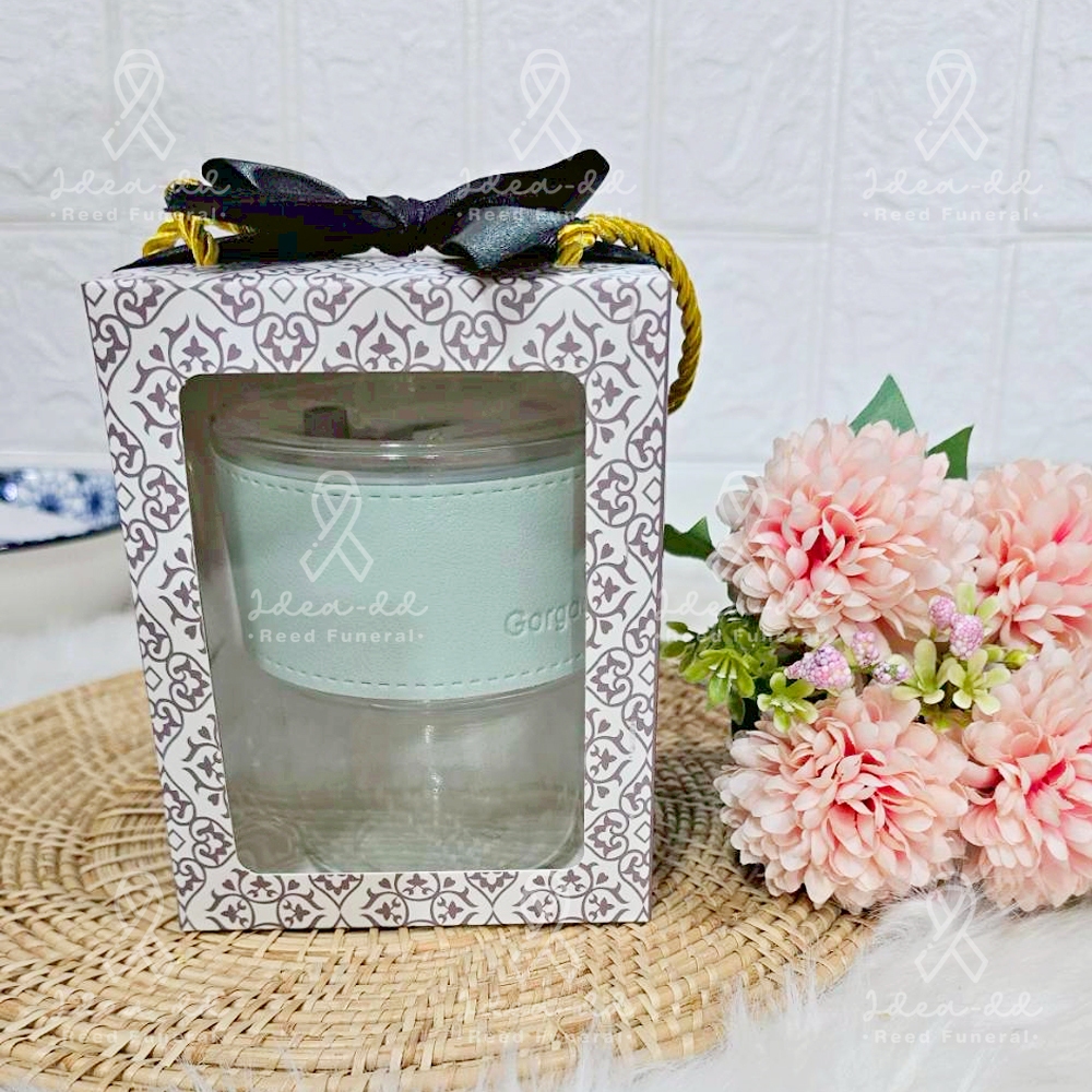 ของชำร่วยงานศพ แก้วกาแฟปลอกหนัง พร้อมหลอด