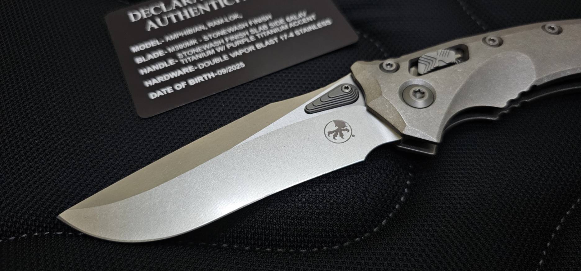 Microtech Marfione Select Amphibian RAM LOK Titanium Handles & Stonewash M390MK w/ Double Vapor Blast & Purple Accents