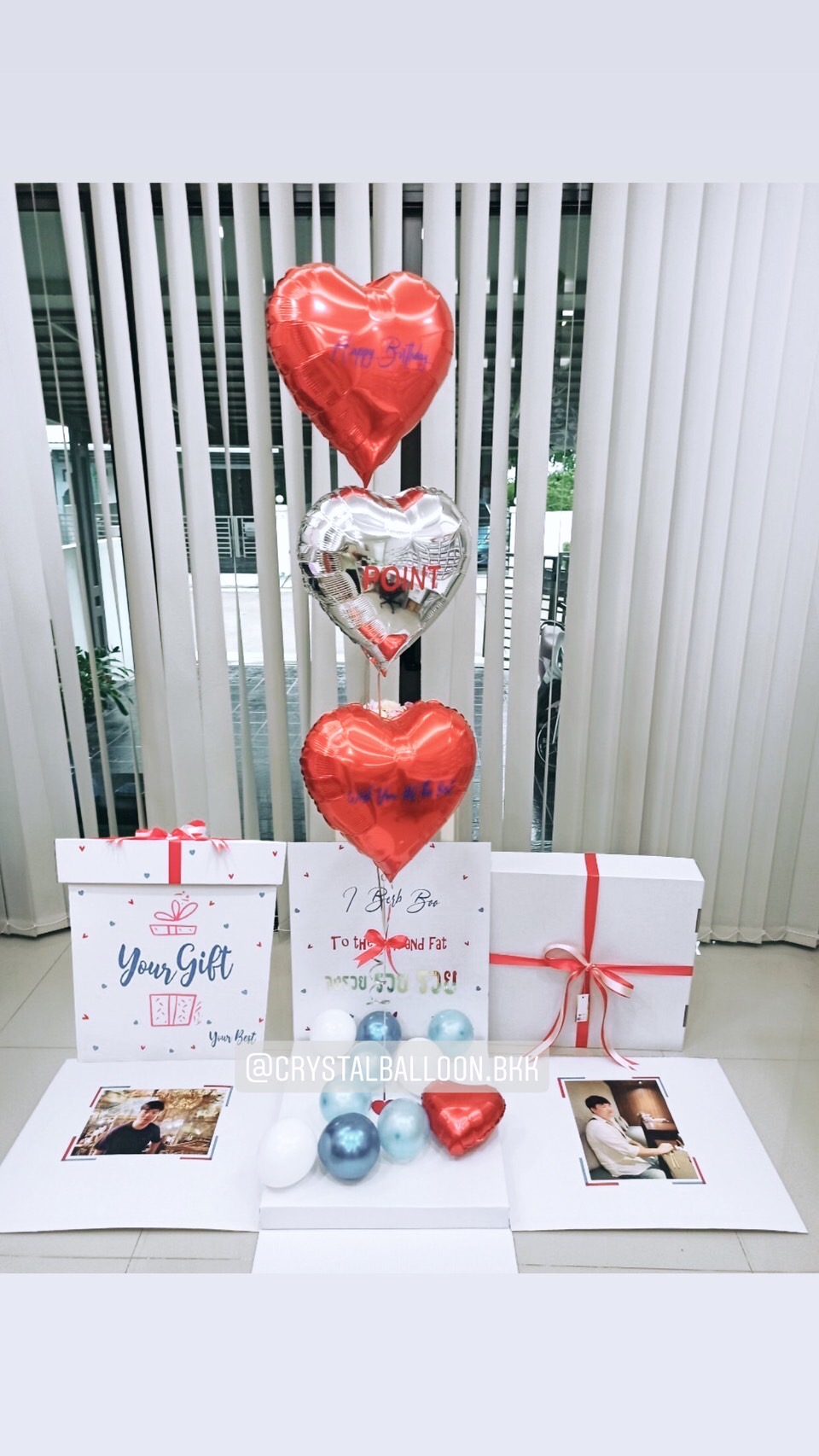 Happy Birthday Surprise Box ลูกโป่งฟอยล์หัวใจ ขนาด 18" 3 ชิ้น พร้อมตกแต่ง สามารถใส่รูปได้ 2 ใบ สามารถเปลี่ยนสีลูกโป่ง/เปลี่ยนข้อความได้