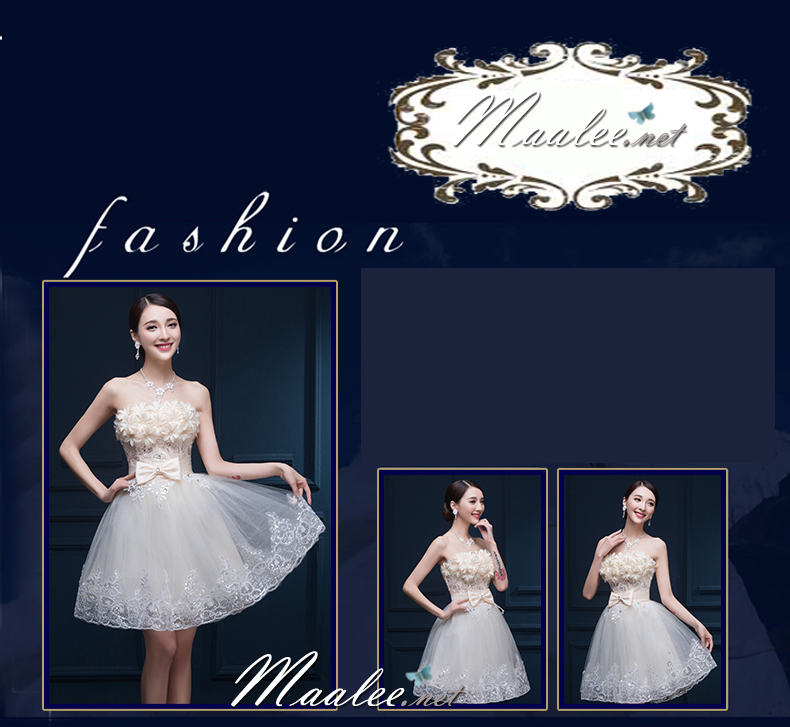 พร้อมเช่า ชุดราตรีสั้น เกาะอก แต่งดอกช่วงอก ผ้าตาข่ายปักเลื่อม แต่งโบว์คริสตัลช่วงเอว สีครีม Champagne