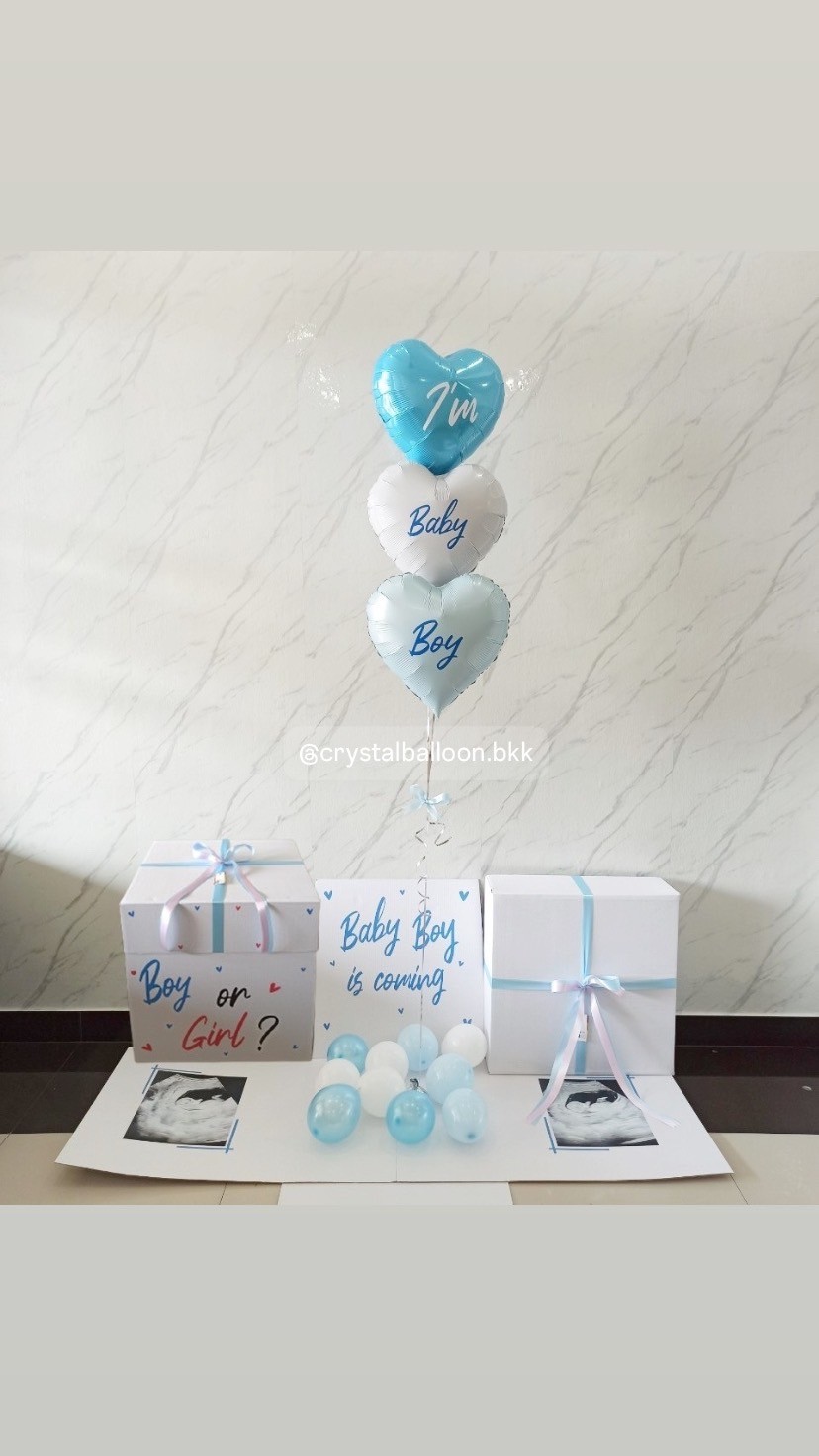 Gender Reveal Surprise Box กล่องเซอร์ไพรส์ทายเพศ พร้อม ฟอยล์หัวใจ 18" 3 ชิ้น พร้อมตกเเต่ง สามารถใส่รูปได้ 2 ใบ สามารถเปลี่ยนสีลูกโป่ง/เปลี่ยนข้อความ/เปลี่ยนสีฟอยล์ตกเเต่งได้