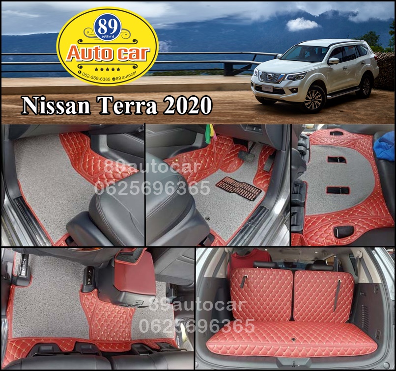 พรมรถยนต์ Nissan Terra 2022 ปูพรม8D สีแดงไวน์ เย็บติดไวนิลสีเทา เต็มคัน