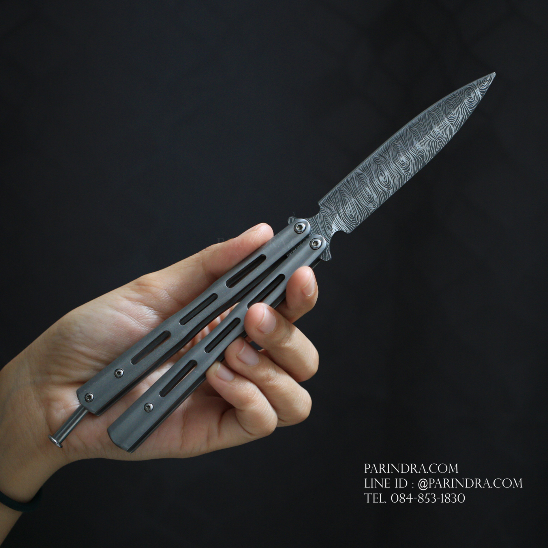มีดบาลีซอง Balisong มีดควง มีดปีกผีเสื้อ ใบมีดยิงเลเซอร์ลายดามัสกัส