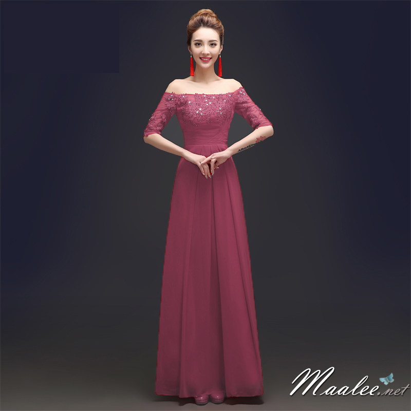 พร้อมเช่า ชุดราตรียาว แบบปาดไหล่/แขนยาว สีชมพู แต่งลูกไม้ปักเลื่อมลายใบไม้ ผ้าชีฟอง ซิปหลัง (ดูสีจริงได้ข้างล่าง)