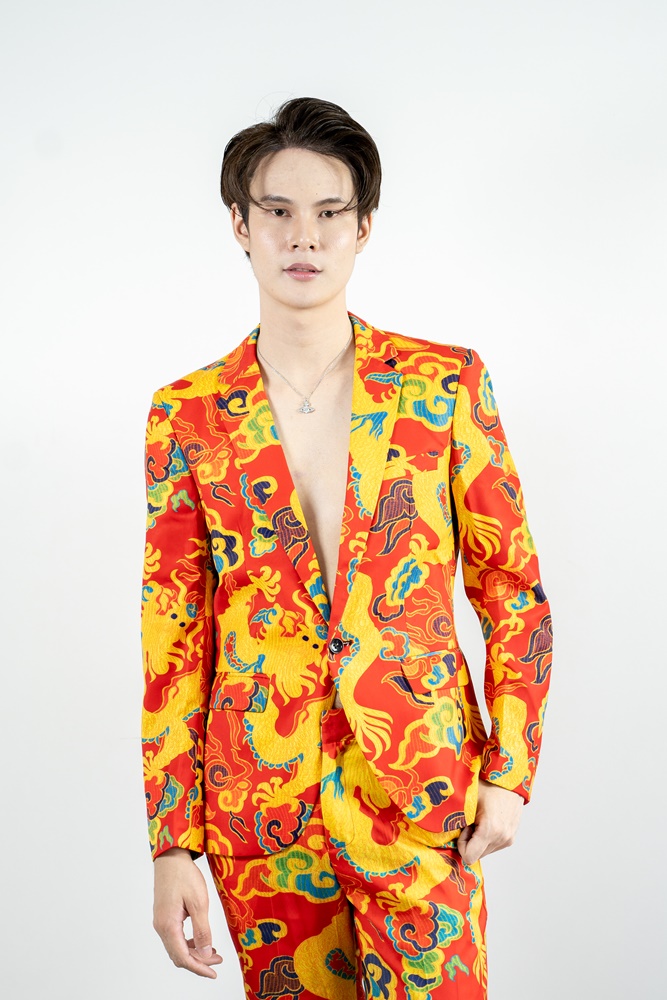 พร้อมเช่า ชุดสูทจีนชาย โทนสีส้มแดง ทอลายในเนื้อผ้า แบบหรูหรา สไตล์จีน