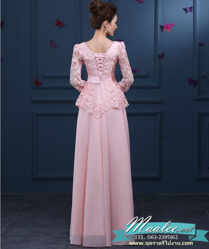 พร้อมเช่า สำหรับสาวไซส์ใหญ่ ชุดราตรียาว สีชมพูโอโรส ลูกไม้ฉลุ แต่งระบายช่วยพรางหน้าท้อง พร้อมเข็มกลัดดอกไม้ช่วงเอว แขนสามส่วน กระโปรงผ้าชีฟอง 2XL- 6XL (เชือกผูกหลัง) ** ดูสีจริงภาพล่างสุด **