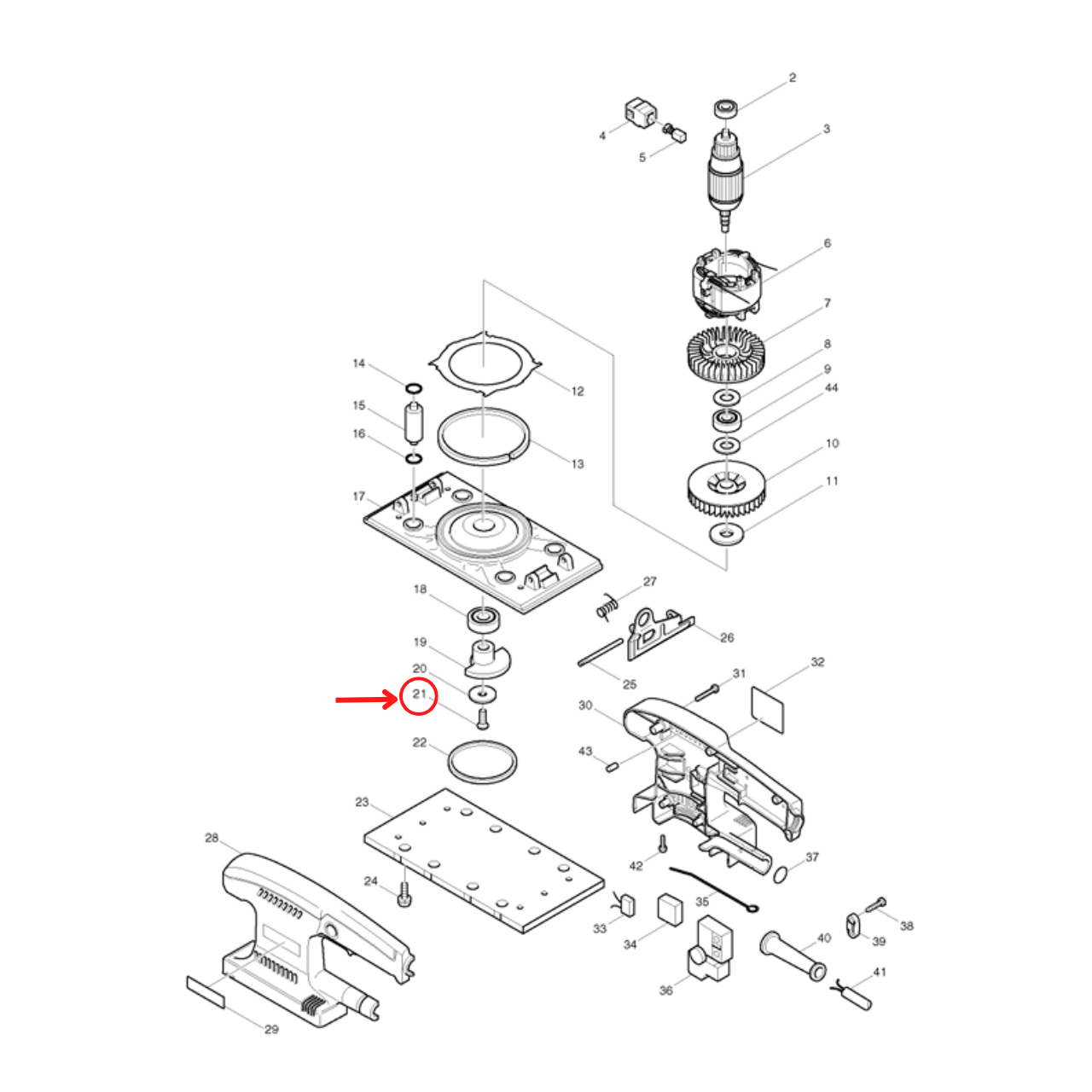 สกรูหัวเทเปอร์ M5X16 Makita เครื่องขัดกระดาษทราย รุ่น BO3700 [#21] ,BO3710,BO3711 Pn.912222-9 (แท้) ##(*)