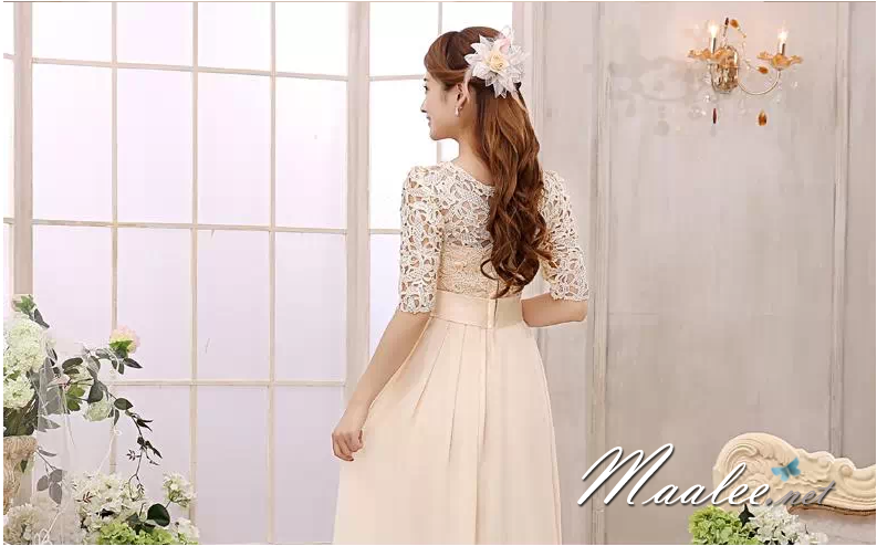 พร้อมเช่า ชุดราตรีสั้น สีครีม แขนสามส่วน ลูกไม้ฉลุ กระโปรงผ้าชีฟอง