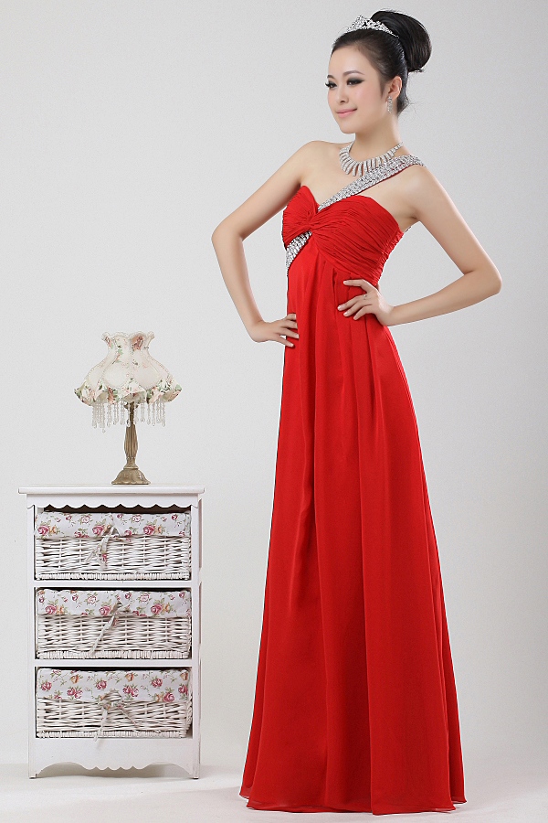 พร้อมเช่า ชุดราตรียาว เกาะอก ไหล่เดียว สีน้ำเงิน อกจับจีบ Sweet Heart คาดแถบเลื่อมสวยเก๋