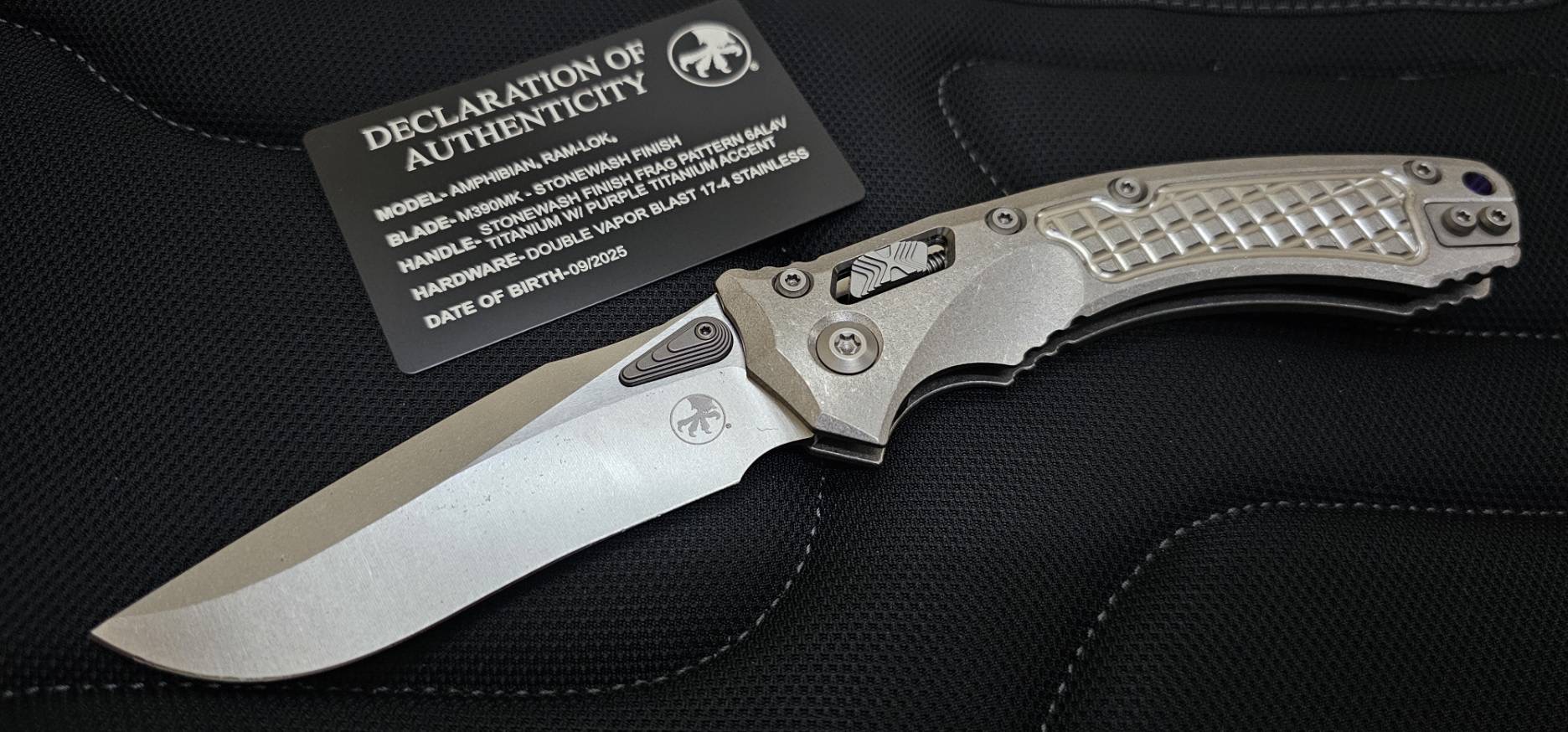 Microtech Marfione Select Amphibian RAM LOK Titanium Frag Handles & Stonewash M390MK w/ Double Vapor Blast & Purple Accents